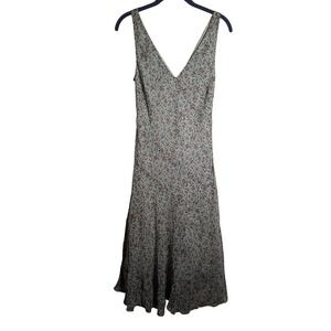 Brown Blue Floral Midi Silk Dress Sleeveless‎ V Neck Cottagecore Size 6 0322